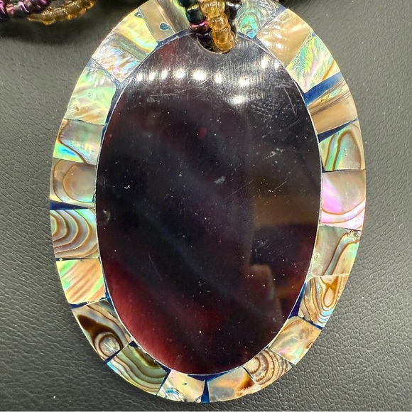 Multicolor Iridescent Seed Beaded Necklace with Large Abalone Shell Pendant - Picture 4 of 17